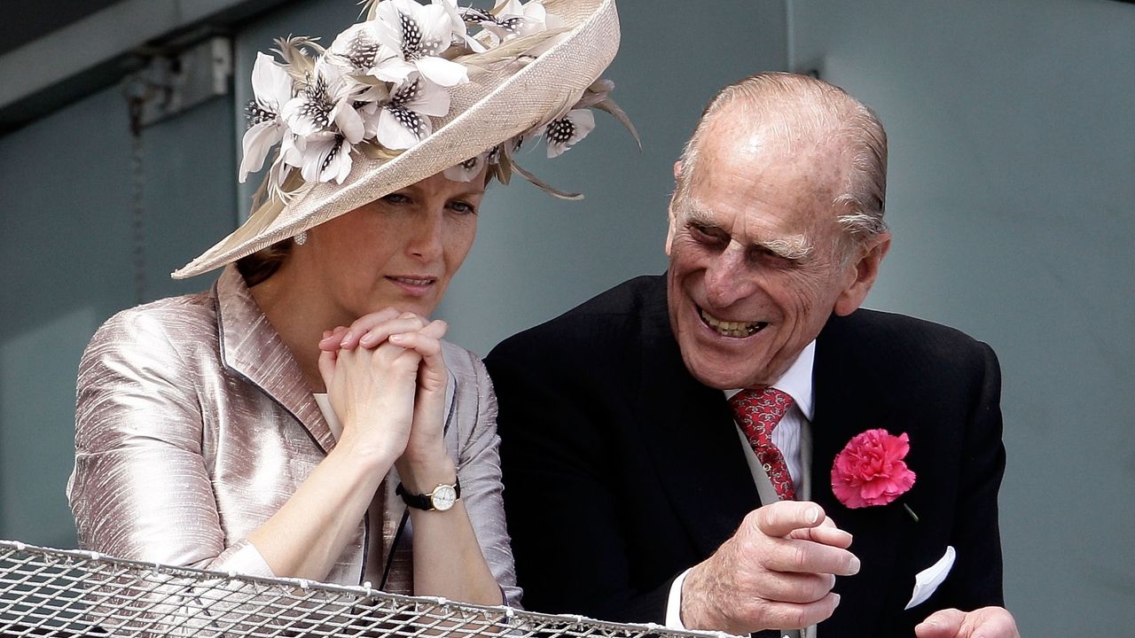 Prince Philip, Duke of Edinburgh and Sophie Rhys-Jones, Countess of Wessex wait for the start of the Epsom Derby at Epsom Downs racecourse on June 4, 2011 in Epsom, England. Carlton Hall had been the Bookmakers favourite to win the Derby, but came in third place, with Pour Moi winning.