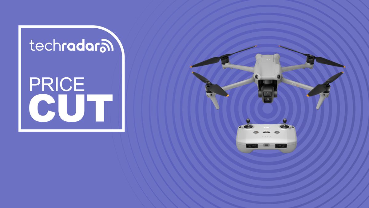 The DJI Air 3 drone with RC-N2 controller on a purple TechRadar deals background with the label for price cut