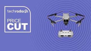 The DJI Air 3 drone with RC-N2 controller on a purple TechRadar deals background with the label for price cut