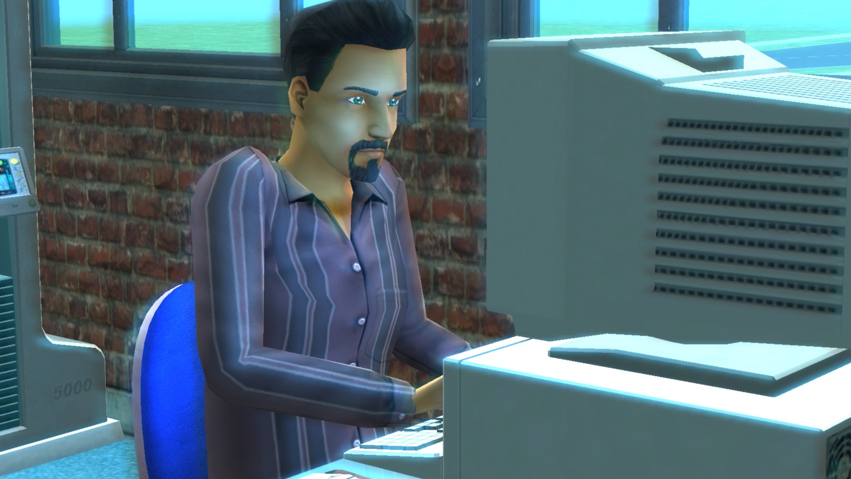 The Sims 2 - Don Lothario with blue bloom effects look focused on his computer