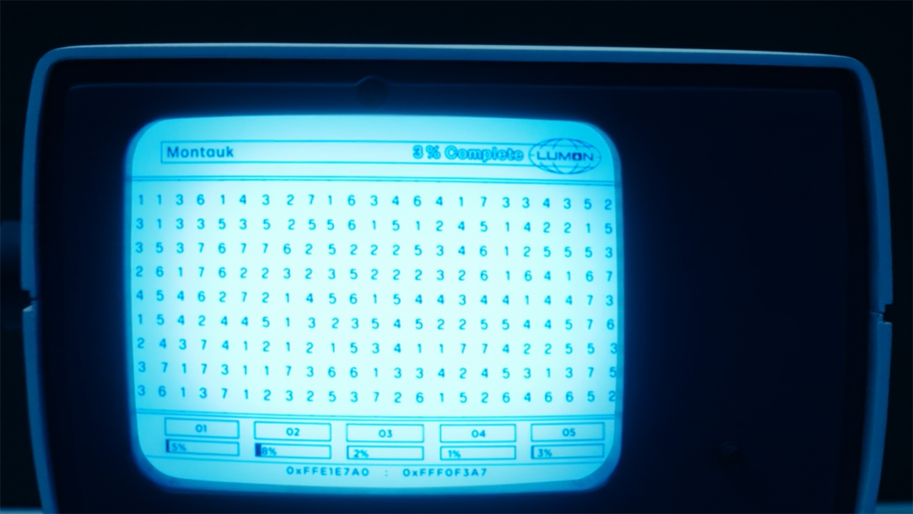 A computer monitor screen with random numbers on it in Severance season 2 episode 4