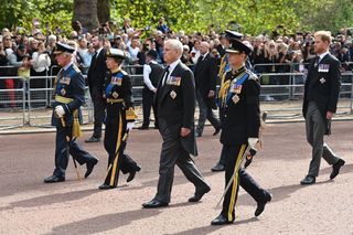 King Charles III, Princess Anne, Princess Royal, Prince Andrew, Duke of York, Prince Edward, Earl of Wessex and Prince Harry, Duke of Sussex walk behind the coffin along The Mall during the procession for the Lying-in State of Queen Elizabeth II on September 14, 2022 in London, England.