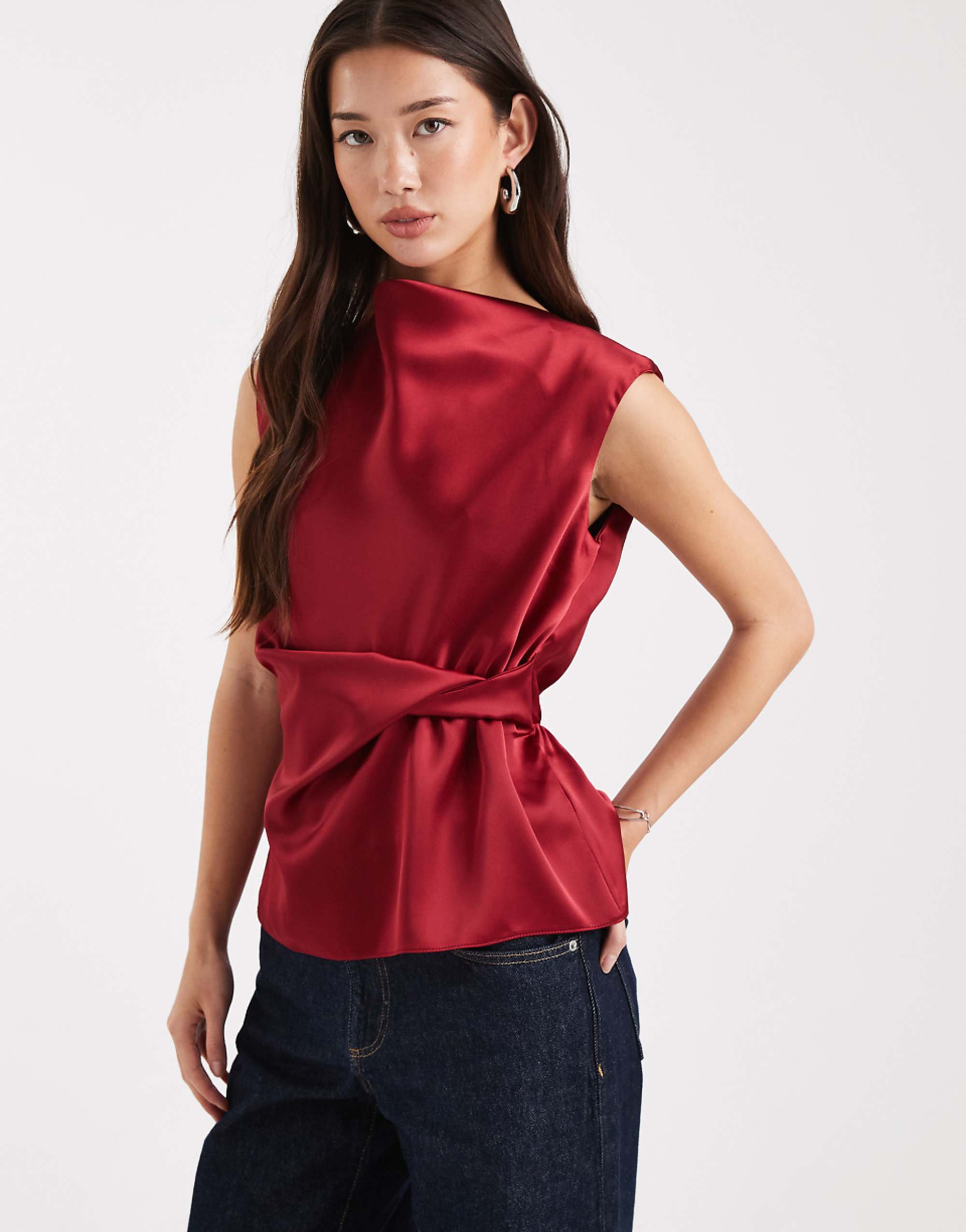 Asos Design Satin Drape Twist Detail Top in Red