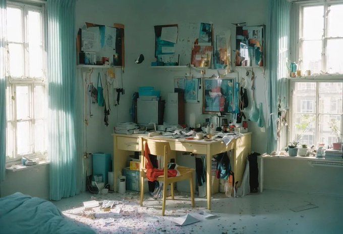 AI generated art using Stable Diffusion showing a messy bedroom, hiding the words 'clean your room'