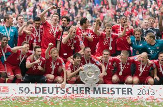 Bayern Munich celebrate with the Bundesliga trophy, 2013