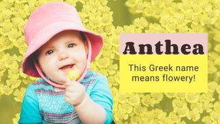 Baby sat against yellow flowers and a description of the name Anthea