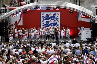 The England team on stage during a fan celebration to commemorate England’s Women’s EURO 2022 success