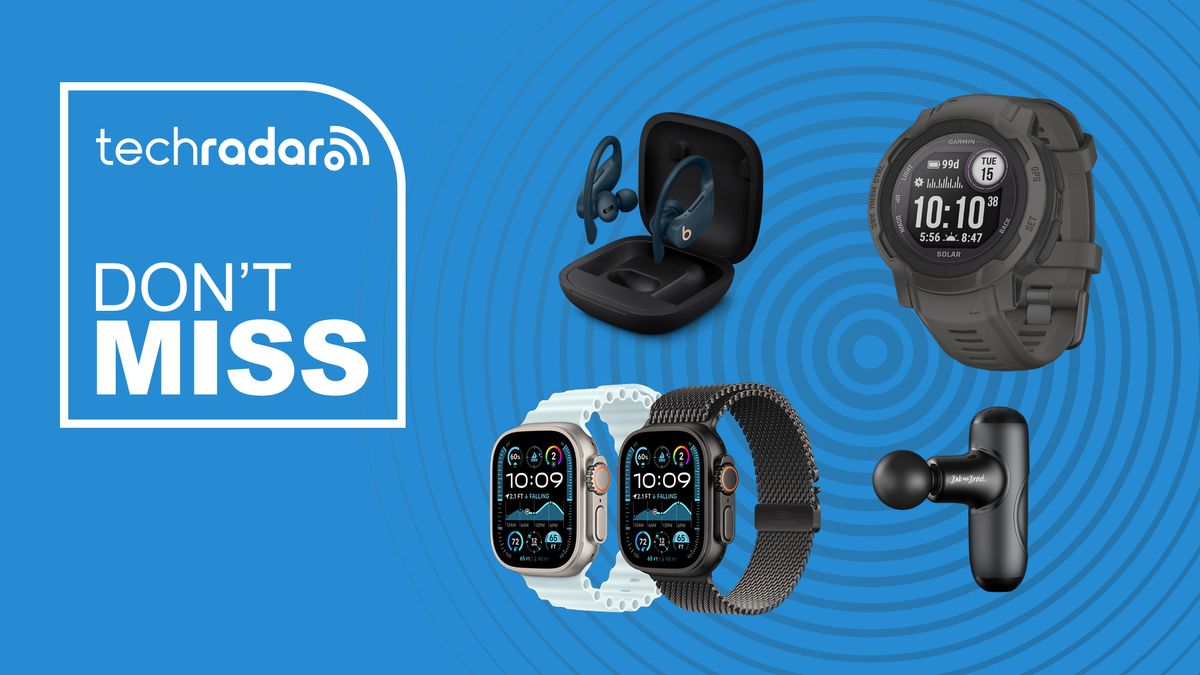 powerbeats pro, garmin instinct 2, apple watch ultra 2, and q2 mini massage gun on a blue background with the text don&#039;t miss