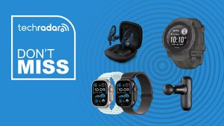 powerbeats pro, garmin instinct 2, apple watch ultra 2, and q2 mini massage gun on a blue background with the text don't miss