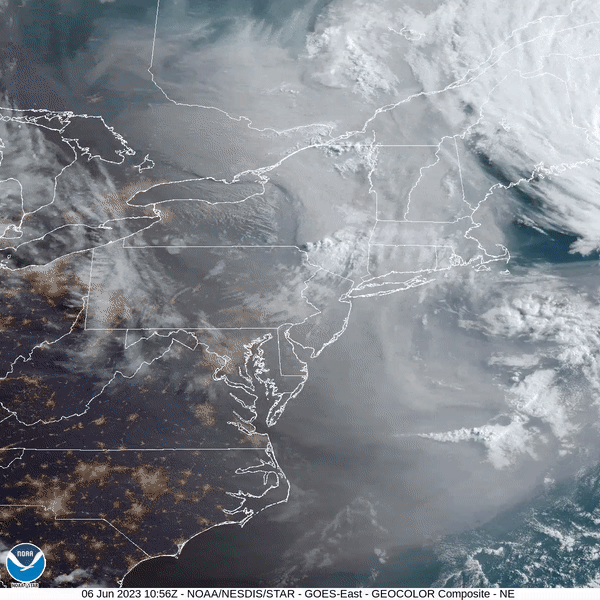 The U.S. weather satellite GOES East observes toxic smoke from Canadian wildfires spread across the U.S. Northeast.