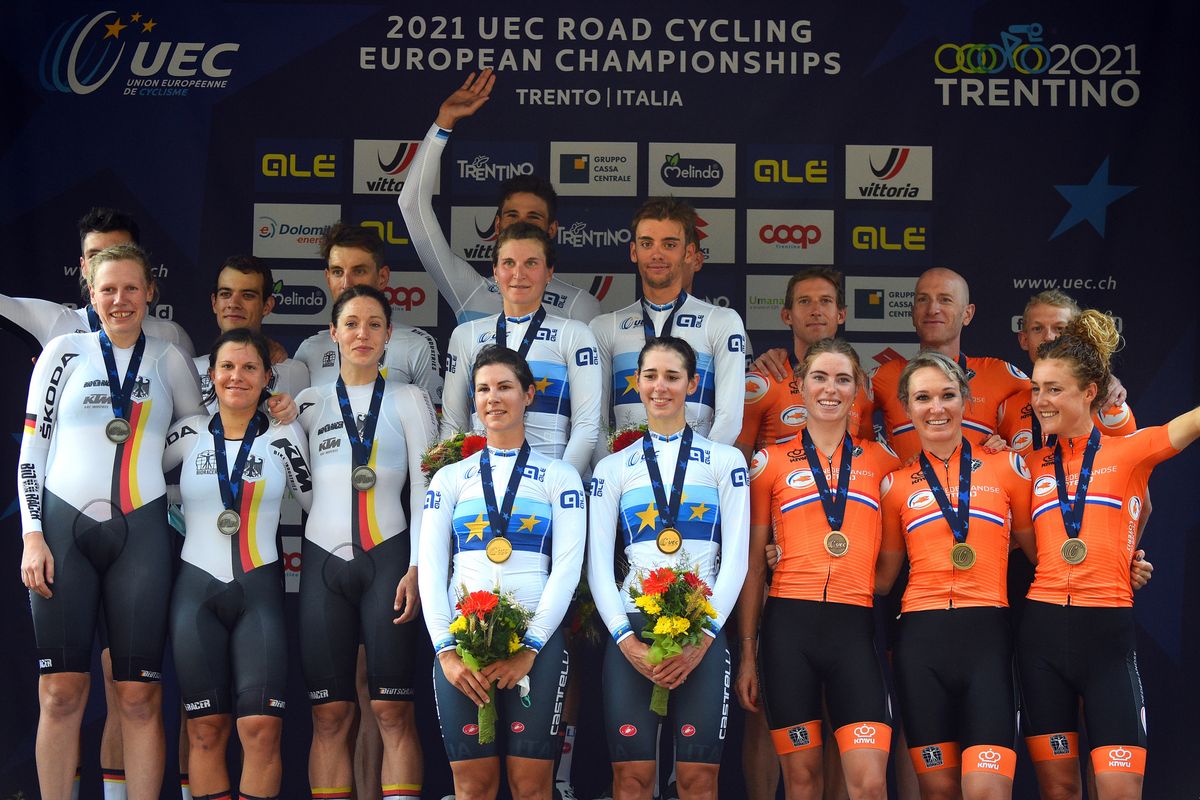 The Team Relay podium (l-r) Germany, Italy and the Netherlands