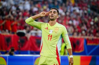 Ferran Torres celebrates after scoring for Spain against Albania at Euro 2024.
