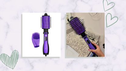 A side-by-side collage of a product image of a purple Conair blow dryer brush on the left and a person holding the same Conair brush on the right side, for Conair blow dryer brush review.