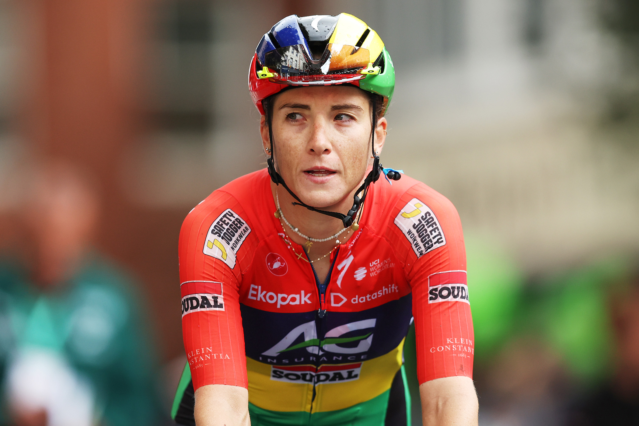 Kim Le Court-Pienaar of Mauritius and Team AG Insurance - Soudal Team crosses the finish line during the 11th Lloyds Tour of Britain Women 2026
