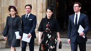 Britain's Princess Beatrice of York (L), her husband Edoardo Mapelli Mozzi (2L) and her sister Britain's Princess Eugenie of York and her husband Jack Brooksbank leave after attending a Service of Thanksgiving for Britain's Prince Philip, Duke of Edinburgh, at Westminster Abbey in central London on March 29, 2022.