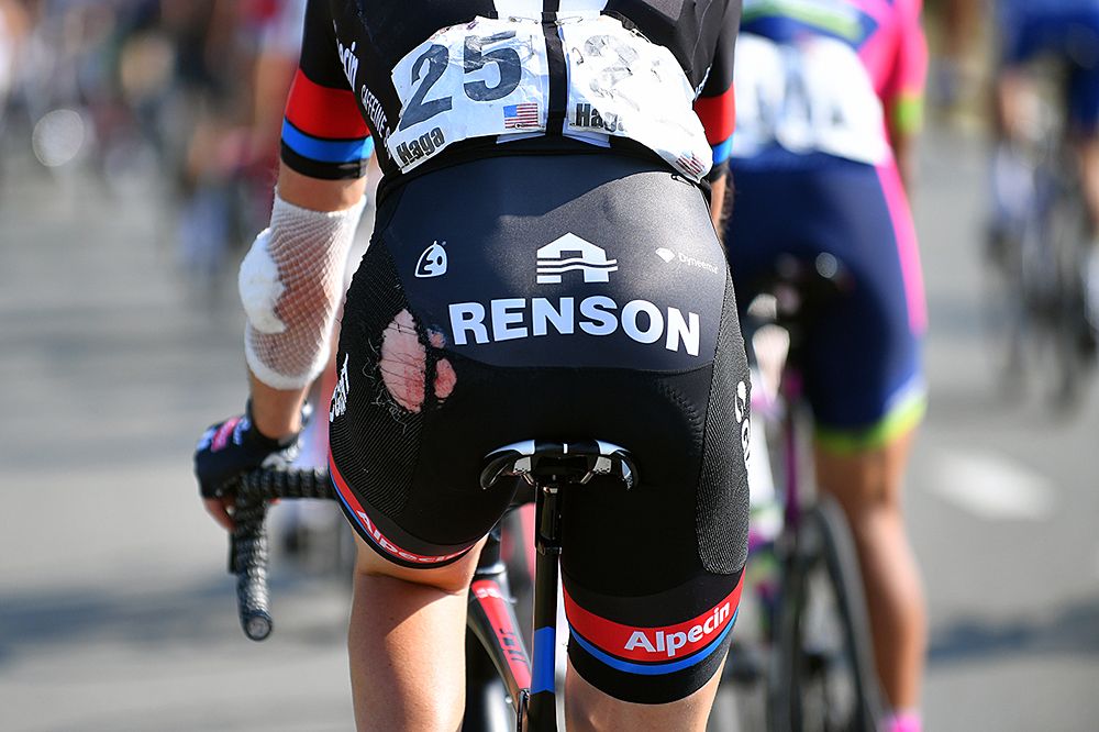 Chad Haga with torn shorts after a crash during stage 3 at Eneco Tour