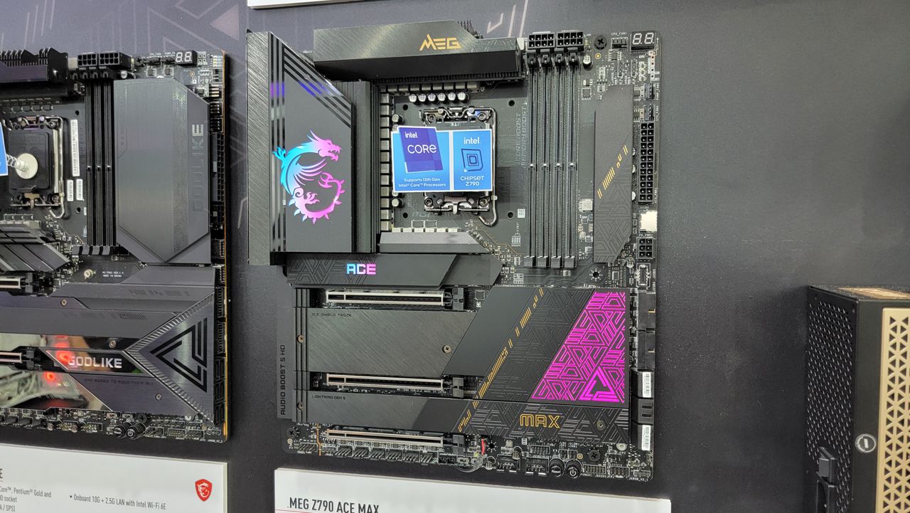 Wall of motherboards at MSI booth.