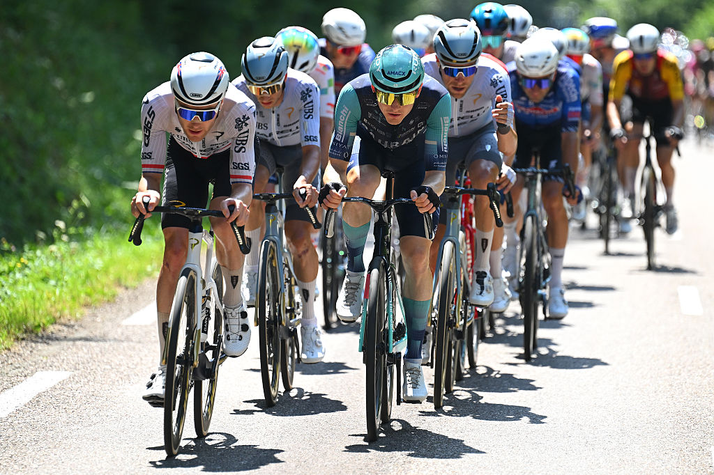 BELFORT, FRANCE - JULY 17: (L-R) Fred Wright of Great Britain and Team Pinarello Q36.5 Pro Cycling and Matej Mohoric of Slovenia and Team Bahrain - Victorious compete in the breakaway during the 113th Tour de France 2026, Stage 13 a 205.8km stage from Dole to Belfort / #UCIWT / on July 17, 2026 in Belfort, France. (Photo by Tim de Waele/Getty Images)