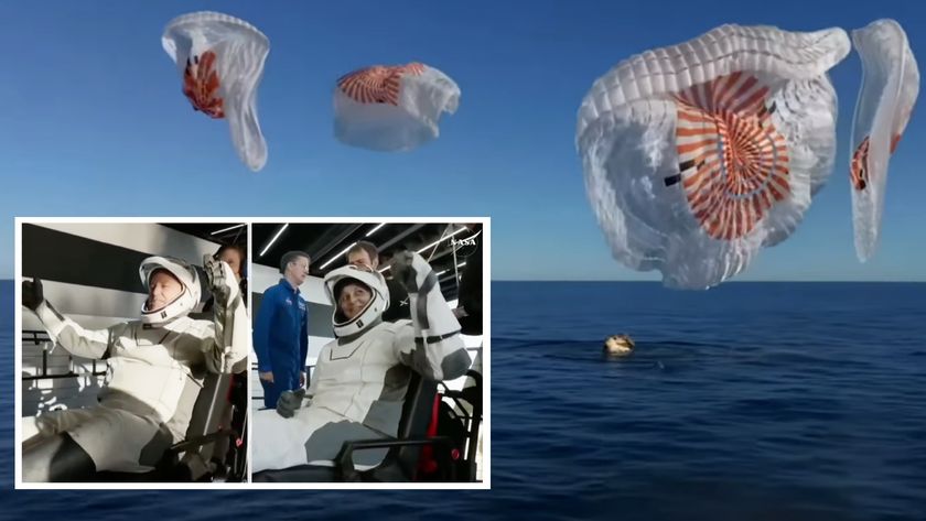 A SpaceX Dragon capsule splashes down in a blue sea as its parachutes billow around while an inset image shoes two astronauts celebrating