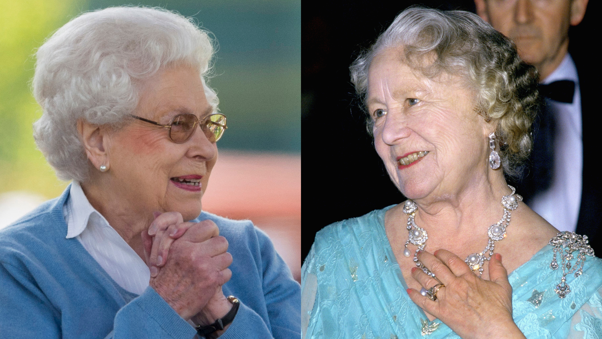 Queen Elizabeth wearing a blue cardigan clasping her hands and Queen Mother wearing a teal gown puttine her hand on her chest