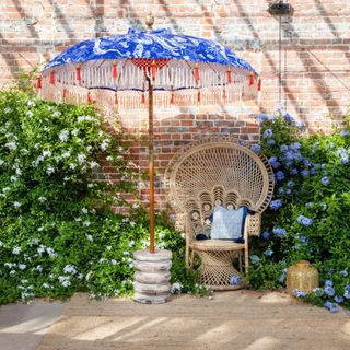 Wooden peacock chair next to parasol with blue top