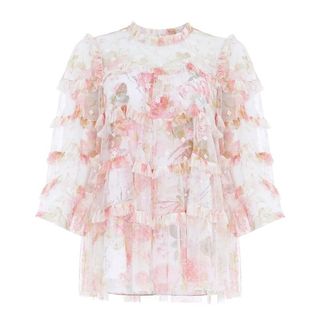 floral tulle ruffled blouse