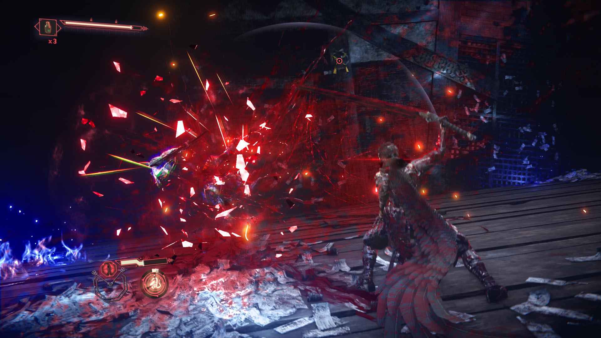 Yakumo uses blood raven form to break an enemy guard in Ninja Gaiden 4