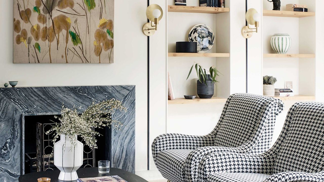 living room with shelves