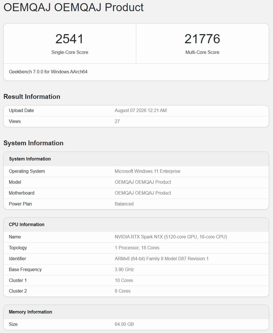 RTX Spark Superchip Geekbench listing