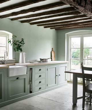 Neutral kitchen with pale green walls and cabinets