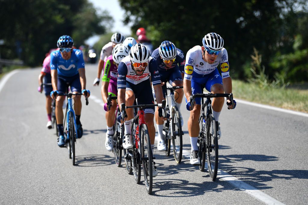 LORETO ITALY SEPTEMBER 13 Julien Bernard of France and Team TrekSegafredo Davide Ballerini of Italy and Team Deceuninck QuickStep Breakaway during the 55th TirrenoAdriatico 2020 Stage 7 a 181km stage from Pieve Torina to Loreto 114m TirrenAdriatico on September 13 2020 in Loreto Italy Photo by Justin SetterfieldGetty Images