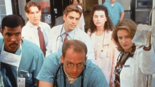 Still from the television series, "E.R.," c. 1994. Foreground (L-R): Eriq La Salle, Anthony Edwards and Sherry Stringfield. Back row (L-R): Noah Wyle, George Clooney and Julianna Margulies