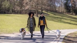 Two women walking on a pathway at a park with their pet dogs