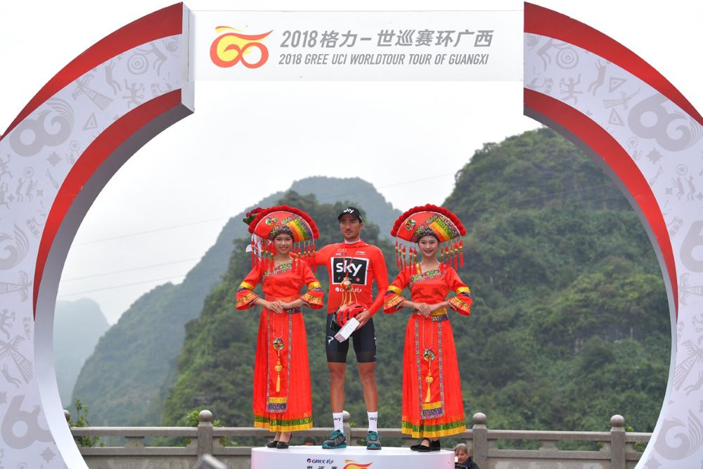 Gianni Moscon (Team Sky) in the race leader's red jersey