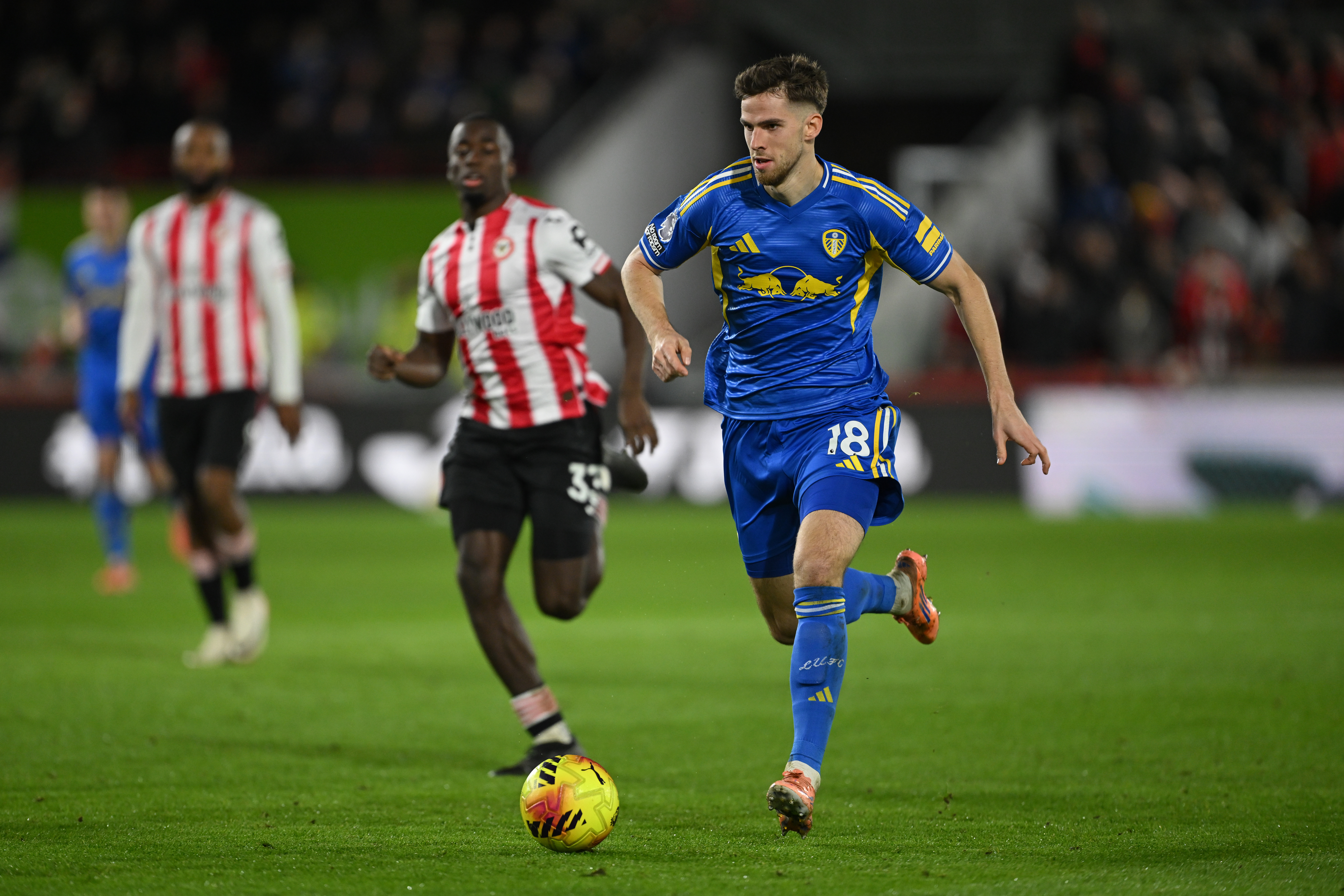 Leeds midfielder Anton Stach drives forward with the ball during the reverse fixture