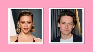 Lili Reinhart pictured alongside Jack Martin in a two-picture, pink template