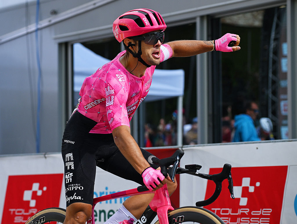 Vincenzo Albanese of Italy and Team EF Education - EasyPost celebrates at finish line as stage winner during the 88th Tour de Suisse, Stage 2 a 177km stage from Aarau to Schwarzsee / #UCIWT / on June 16, 2025 in Schwarzsee, Switzerland. (Photo by Tim de Waele/Getty Images)