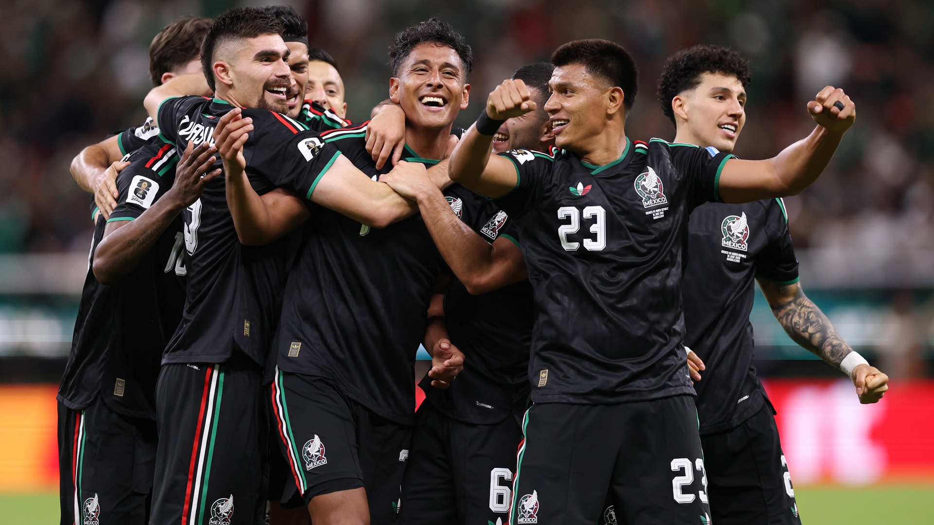 Luis Romo of Mexico celebrates with teammates after scoring his team's first goal during the FIFA World Cup 2026 Group A match between Mexico and Korea Republic 