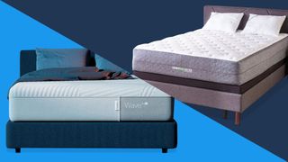 GhostBed vs Casper: The GhostBed Luxe mattress on the right, the Casper Wave Hybrid Snow mattress on the right