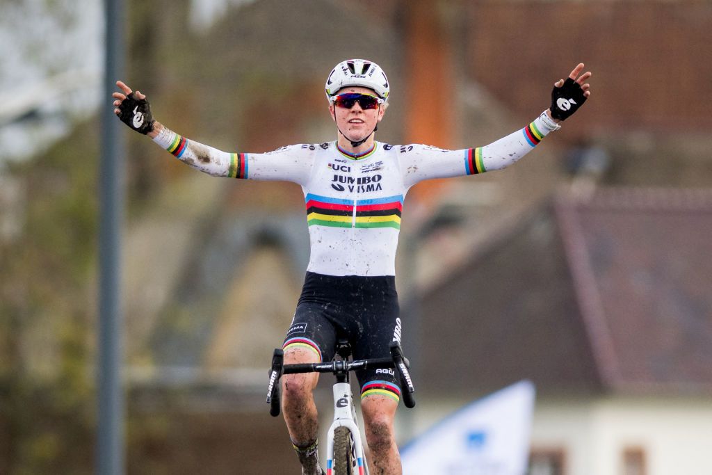 Dutch rider Fem Van Empel celebrates as she crosses the line to win the womens elite race at the Urban Cross Kortrijk cyclocross cycling event the second stage in the X2O Badkamers Trofee Veldrijden competition in Kortrijk on November 25 2023 Photo by JASPER JACOBS Belga AFP Belgium OUT Photo by JASPER JACOBSBelgaAFP via Getty Images