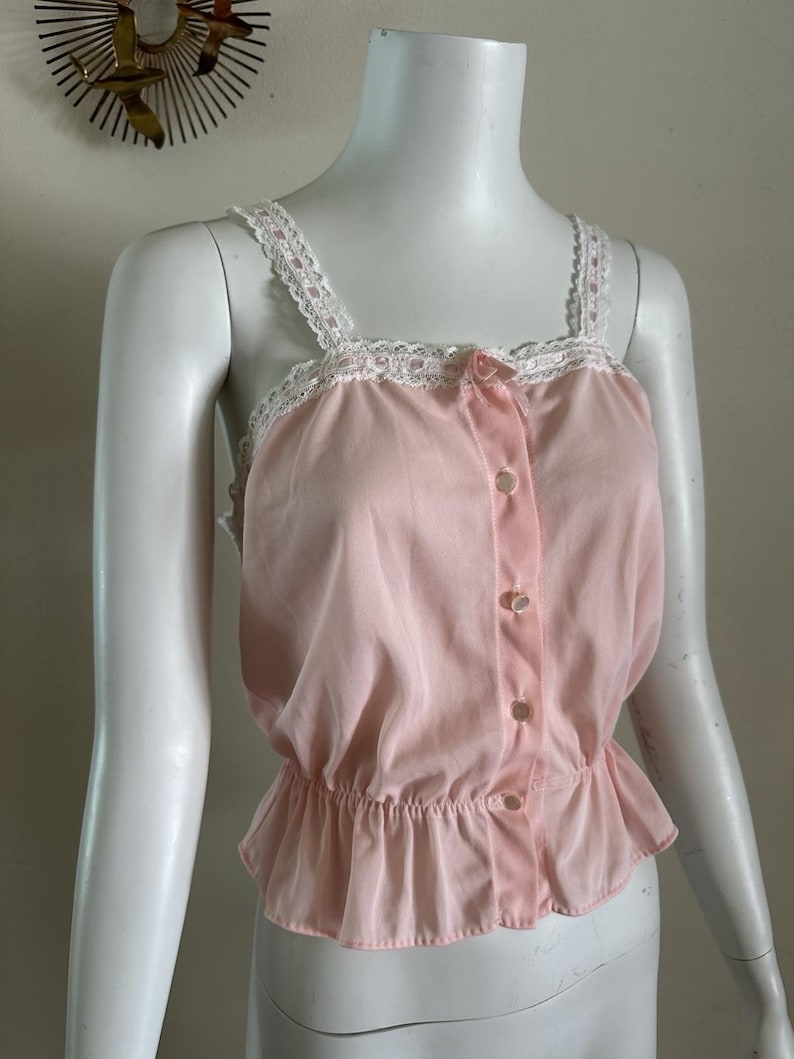 1960s Pink Nylon Camisole Top: Vintage Lace Trim Babydoll, Pembrooke Cami, Loungewear