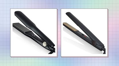 two of the best GHD hair straighteners on a blue/purple background