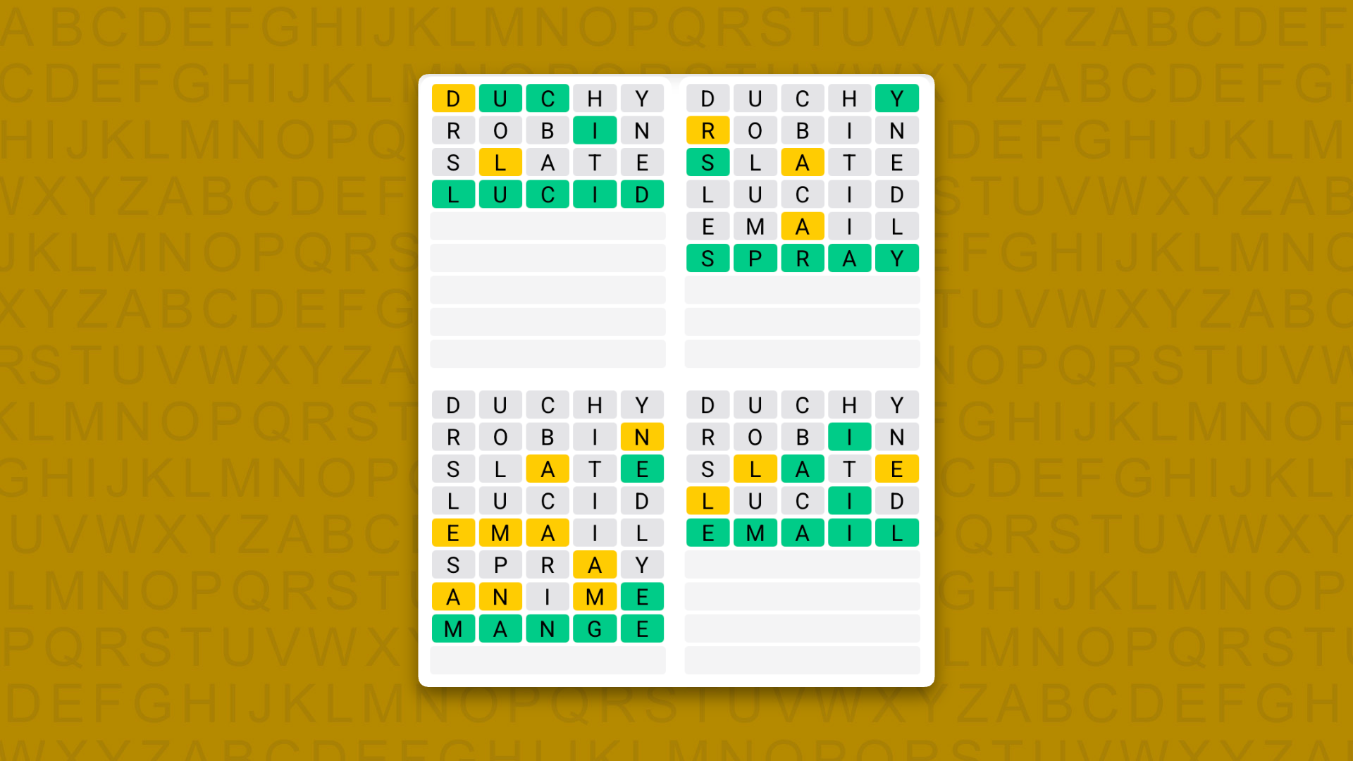 Quordle answers for game 1693 on a yellow background