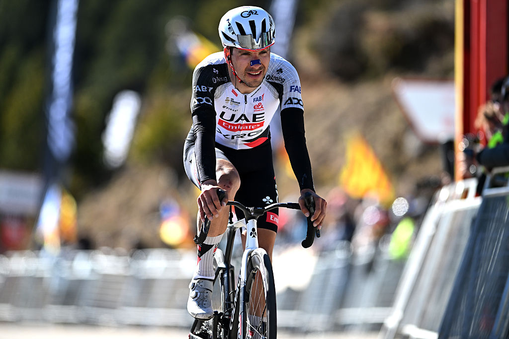 LA MOLINA, SPAIN - MARCH 27: Joao Almeida of Portugal and UAE Team Emirates - XRG crosses the finish line during the 105th Volta a Catalunya 2026, Stage 5 a 155.3km stage from La Seu d&amp;amp;apos;Urgell to La Molina/Coll de Pal 2109m / #UCIWT / on March 27, 2026 in La Molina, Spain. (Photo by Szymon Gruchalski/Getty Images)