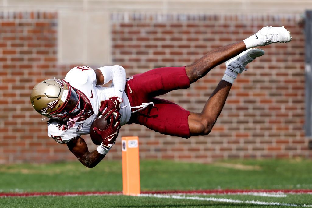 Wide Receiver Vandrevius Jacobs #19 of the Florida State Seminoles makes a catch and dives into the endzone for a score during Garnet and Gold Spring Showcase Game inside of Doak Campbell Stadium on April 20, 2024