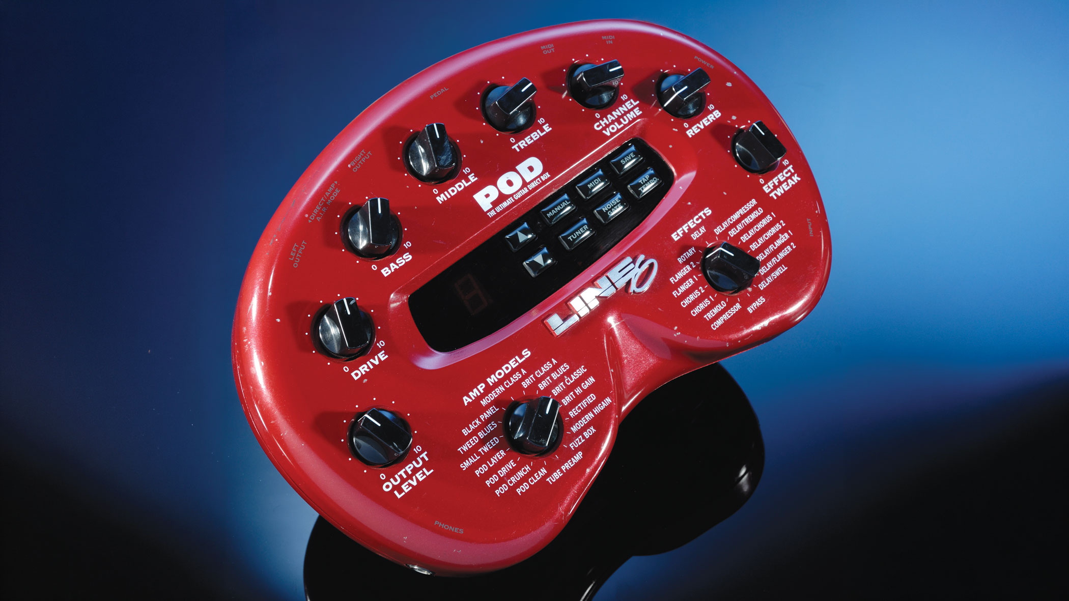 A red Line 6 POD pictured on a dark blue, reflective background