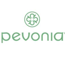 A woman at a sink applying Pevonia products to her arm, along with three Pevonia products on display.