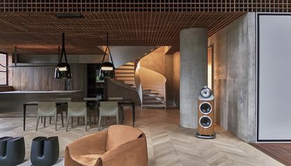 interior of Medellín apartment, tall ceilings, contemporary design, timber lattices