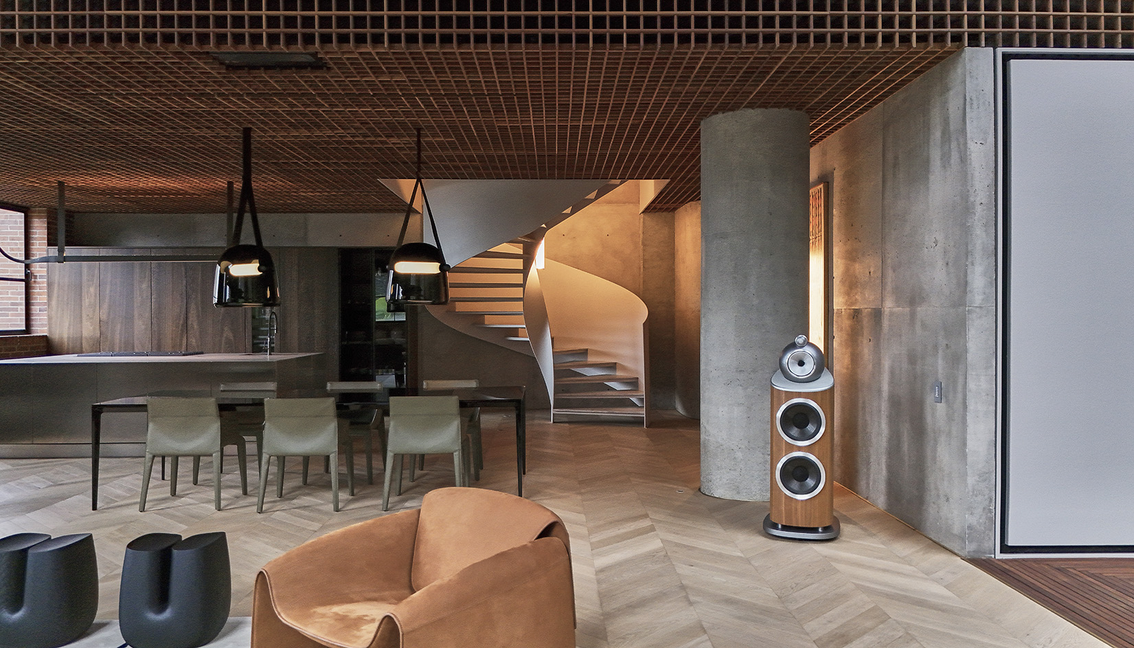 interior of Medell&amp;iacute;n apartment, tall ceilings, contemporary design, timber lattices