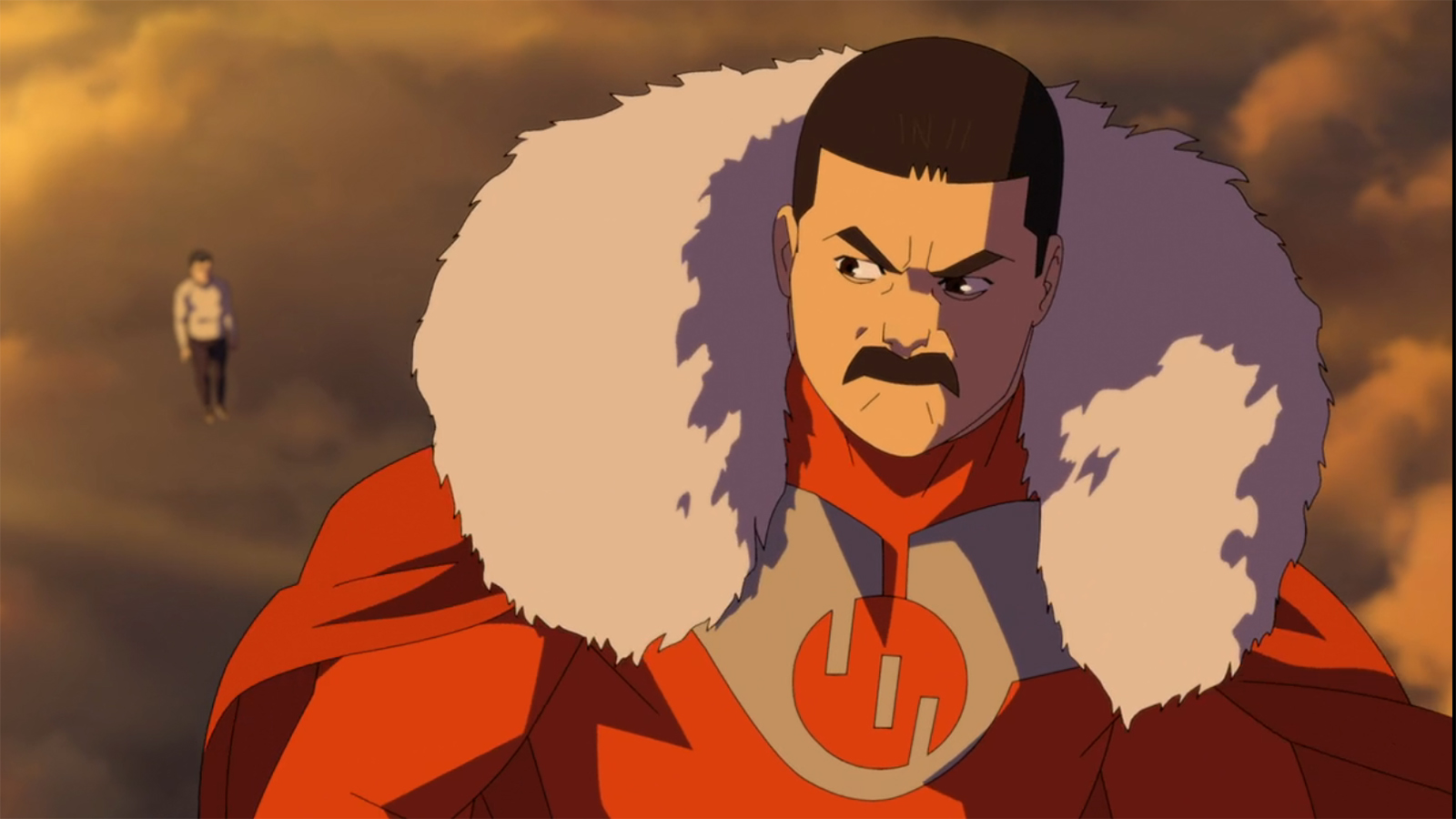 A close up of Grand Regent Thragg looking back at Mark in Invincible season 4 episode 8